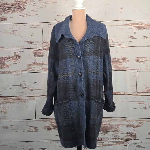 J. Jill Ribbed-Collar Plaid Sweater-Jacket Blue Size XL - Picture 1 of 9